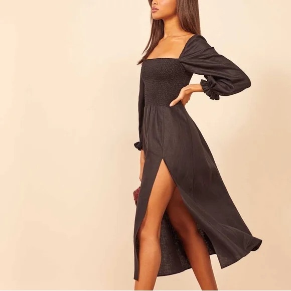 Reformation Small Black Gitane 100% Linen Long Puff Sleeve Smocked Midi Dress - Picture 9 of 14